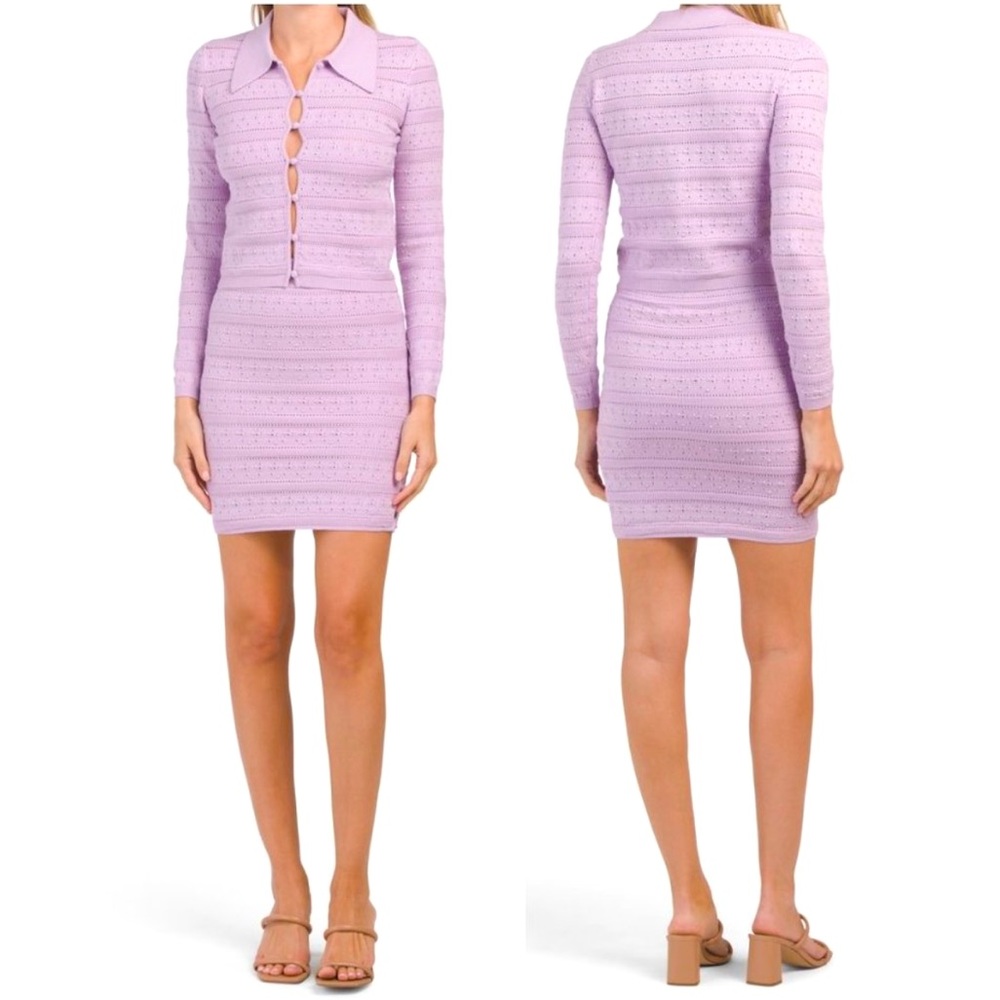Ronny Kobo Camille 2 Pc Set Knit Button Sweater Mini Skirt Lilac Purple Sz S NWT